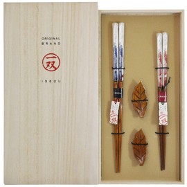 1 Pair Couple Chopsticks, Painted Chopsticks, Paulownia Box, Celebration Wave + Chopsticks Rest Holly 2 Pairs Made in Japan