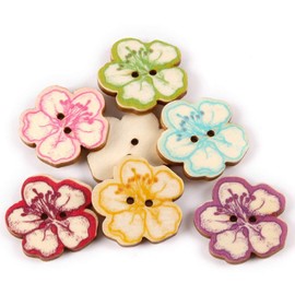 AKOAK 50 Pcs Natural Wood Decorative Button 2-Hole Retro Cute Little Tree Heart Flower Painted Button for DIY Crafts Scrapbook Sewing Craft Decoration (Flowers)