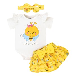 TOKIAGO 9-12 Month Girl Clothes Baby Summer Infant Cute Outfits Ruffle Bee Romper + Bow Shorts + Headband 3pcs Short Set Yellow 9-12 Months