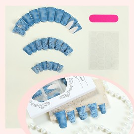 24 Pcs Duck Press on Nails Long Square Fake Nails Blue French Tip RIICFDD False Nails with Cowboy Style Designs Wide Duckbill Full Cover Matte Stick on Nails Acrylic Artificial for Women and Girls