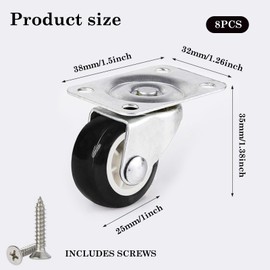 Pack of 8 Small Furniture Castors, 1 Inch Small Castors, 360 Degree Mini Wheels, Silent, Transport Castors with Screws, for Small Furniture, Table, Cabinet, Trolley, Black