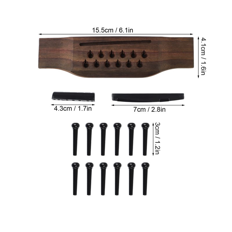 12 String Guitar Bridge Kit Black Roswood and Plastic Saddle