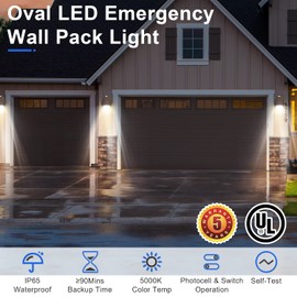 12W Oval LED Emergency Wall Pack Light with Battery Backup, Photocell and Self-Test Function, 5000K Outdoor Emergency Light, UL-94V-0 fire-Resistant, 100-277VAC, IP65 Waterproof- UL Listed (1 Pack)