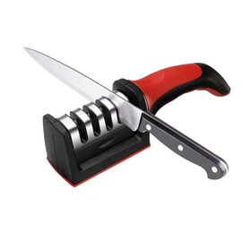 Knife Sharpener 4 in 1 Stainless Steel Kitchen knifes and Scissors Sharpening tool with 4 Stage Sharpener slots Ergonomic Design, Red & Black