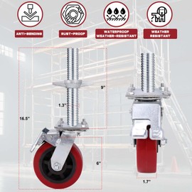 4 Pack Adjustable Leveling Scaffolding Wheels Set, Scaffolding Screw Jacks, Heavy-Duty Scaffold Leveling Jack, 6"-Scaffolding Casters, 1-1/5" OD Scaffold Screw, Swivel Wheels Casters Dual Locking Set