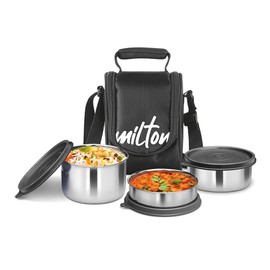MILTON Tasty 3 Stainless Steel Lunch Box, Set of 3, 200 ml, 320 ml, 500 ml, Balck | Leak Proof | Easy to Carry | Stainless Steel | Odour Proof | Food Grade | Light Weight | Easy to Clean