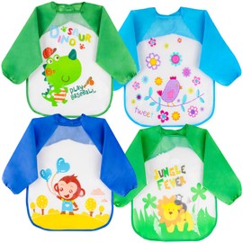 Vicloon Baby Bibs with Long Sleeves, Pack of 4 Waterproof Baby Bibs, Sleeve Bibs, Washable, Unisex for Painting, Play, Food, Art, Craft, Painting, 4 Patterns, Suitable for 6-36 Months Children