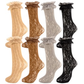 QHANSHIEE Women's Lace Ankle Socks Ruffle Frilly Mesh Trim Lolita Socks,Lace Ankle High Dress Sock for Women Girls (Standard, Grey+Brown+Black+Lt Brown)