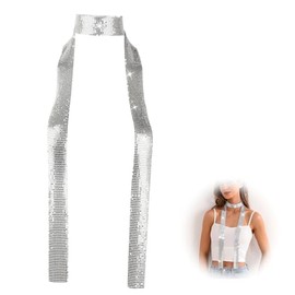 Lyqaq Sparkling Metallic Scarf - Silver Sequins Neck Scarf for Women, Shiny Evening Party Accessory - Skinny Long Neckerchief for Wedding, Prom, New Year's Eve & Special Occasions