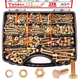 Twidec/775PCS Metric Bolt Assortment,Grade 8.8 Hex Head Nuts and Bolts Assortment Kit, M6/M8/M10(12-60mm) Heavy Duty Bolts and Nuts Kit, Flat & Spring Lock Washer Gold Zinc Plating With Storage Case