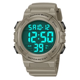 Men's Digital Wristwatch, 166.3 ft (50 m), Multi-functional, Waterproof Watch, Sports Watch, Stylish, Outdoor, Digital Watch, Date, Week, Alarm, LED Display, Instruction Manual Included, 03-khaki