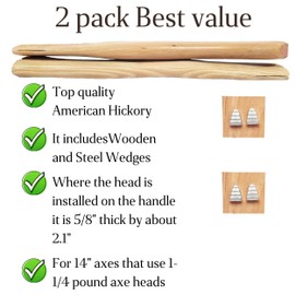 2 pack American Hickory Axe handle replacement for 14" axes that use 1-1/4 pound heads Complete Set with Wooden and Steel Wedges - Hatchet handle replacement - hickory hatchet handle replacement axe