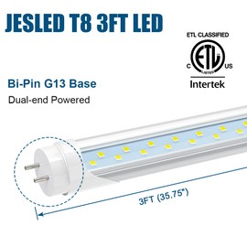 JESLED T8 LED Type A+B Tube Light 3FT, 2520LM, 18W(45W Equivalent), 6000K, Plug and Play or Ballast Bypass, 36 Inch F30T12 Fluorescent Bulb Replacement, Dual Ended, 36” Lighting Tube Fixture (12-Pack)
