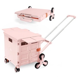 Foldable Utility Cart Portable Crate Rolling Dolly with Telescopic Handle,Can be Pulled diagonally, Magnetic Retractable Lid, 360°Swivel Climbing Wheels for Shopping Carrying Groceries Move Pink