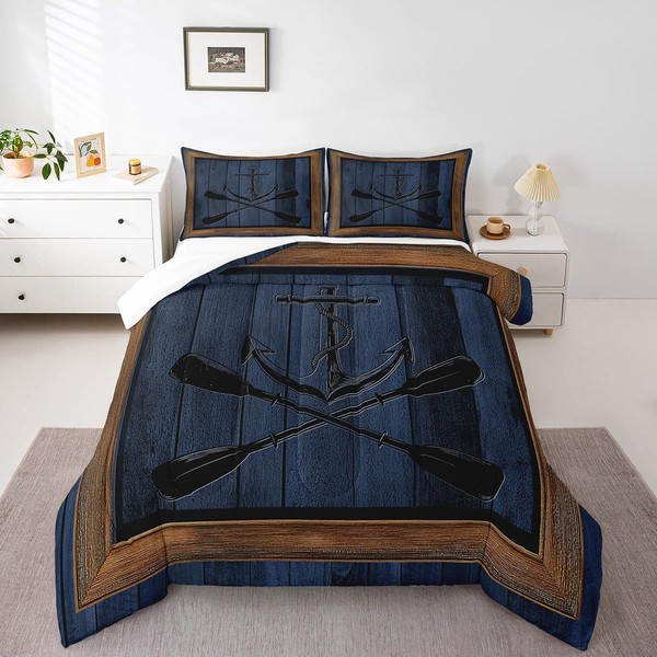 Lake Life Comforter Set King Size,Nautical Anchor Paddle Print Bedding