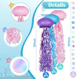 BEAUTIFABLE 12 Pcs Jelly Fish Paper Lanterns Set, Garlands Circle Dots for Mermaid Birthday Decorations, Under The Sea Party, Baby Shower, Beach, Pool Party, Bedroom Ocean Themed Hanging Decor (Mix)