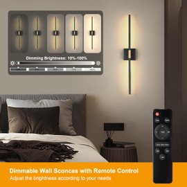 Morauroral 30 Inch Battery Operated Wall Sconces Set of Two, Dimmable Wall Sconces with Remote Control, Black Gold Rechargeable Sconces, LED Wireless Wall Lights for Bedroom, Living Room, Bathroom