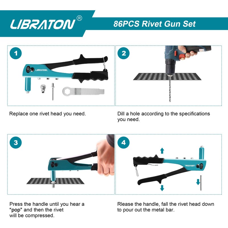LIBRATON Hand Riveter Set with 80 Blind Rivets, 4 HSS