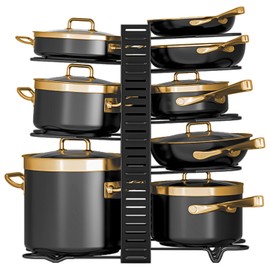 ROTHLEY Stainless Steel Pots And Pans Organizer Under Cabinet: 23.6 Inch Height Heavy Duty 8 Tier Pan Organizers With 3 DIY Assembly Adjustable Pot Organizer with Tilted Scratch-Proof Dividers