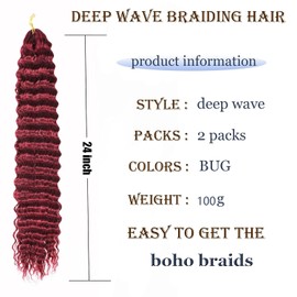 Ocean Wave Crochet Hair 24 Inch 2 Packs Deep Wave Curly Braiding Hair Extensions Synthetic Curly Crochet Hair For Black Women (Bug)