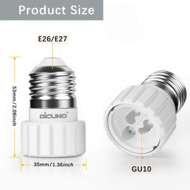 DiCUNO E26 to GU10 Adapter 160℃ Heat Resistant Maximum Wattage 200W E26 Standard Medium Base to GU10 Pin Base Socket Converter E26 Adapter (6-Pack)