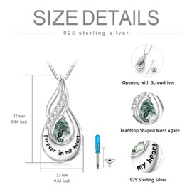 Flpruy fba Cremation Jewelry Custom Urn Necklace for Ashes for Women Sterling Silver Teardrop Moss Agate Infinity Memorial Necklaces Forever in My Heart Ashes Keepsake Jewelrys