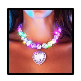 JEWEKY Light Up Crystal Choker Necklace Jewelry Silver Sparkly Heart Pendant Rhinestone Necklaces Led Rave Prom Neck Chain for Women, One Size, Metal, Rhinestone