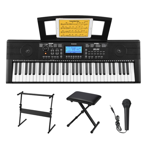 Donner Keyboard Piano, 61 Key Piano Keyboard for Beginner/Professional, Electric Piano with Microphone & Piano App, Supports MP3/USB MIDI/Microphone/Insertion of the pedal (DEK610+Mic+Stand+Stool)