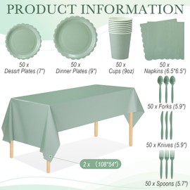 Ziliny 352 Pcs Sage Green Party Supplies Serve 50 Guests Sage Green Disposable Party Tableware Paper Scalloped Plates Cup Napkin Plastic Cutlery Tablecloth for Birthday Wedding Bridal Baby Shower