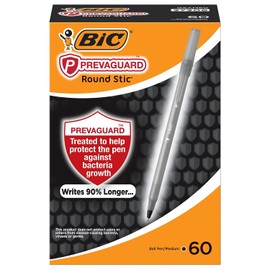 BIC Prevaguard Round Stic Pens with Antimicrobial Additive, Medium Point, 1.0 mm, Black Barrel, Black Ink, Pack of 60 Pens