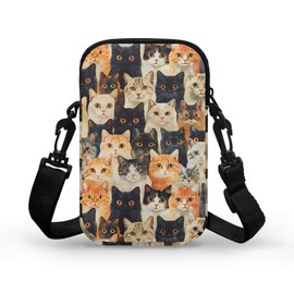 TSOVTHRID Black Yellow White Cats Print Women's Crossbody Bag, Cell Phone Waist Pouch Water-resistant Small Messenger Bag Chest Bags
