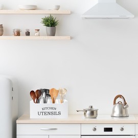 Karisky Kitchen Utensil Holder with Drainage Bottom, Extra Large 4 Compartments Solid Real Wood Utensil Organizer for Kitchen Counter, Farmhouse Cooking Tools Storage for Countertop, White