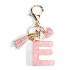 Key Chain with Letter, Initials Keyring with Heart Pendant, Pink Tassel, Gifts for Women, Bag Handbag Travel Decoration, E, Unit size