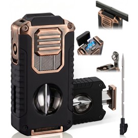 5-in-1 Butane Torch Lighter, with Built-in Punch, V Cutter, Draw Enhancer Needle & Holder, Visible Fuel Window, Windproof Triple Jet Flame Refillable Pocket Lighter for Travel Outdoor, Gifts for Men