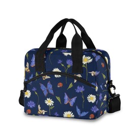 ALAZA Lunch Bags for Women Girls Boys, Blue Butterfly On White Daisy Flower Insulated Lunch Box with Shoulder Straps and Handle, Crossbody Tote Lunch Bag for School Office