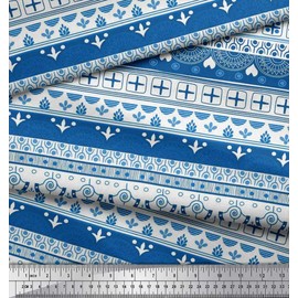 Soimoi Blue Velvet Fabric Square & Semi Mandala Ethnic Print Fabric by The Yard 58 Inch Wide