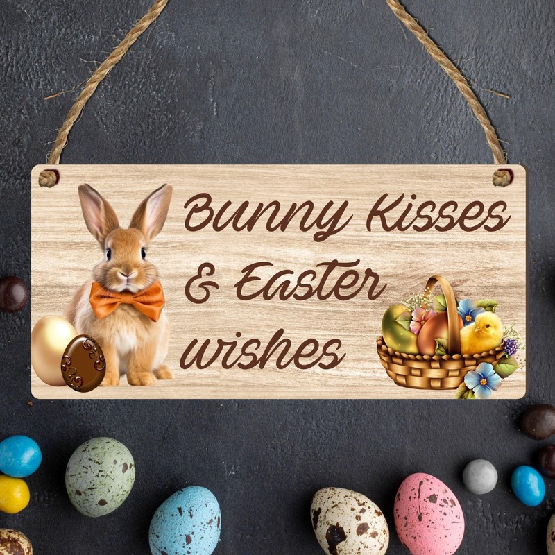 Bunny Kisses & Easter Wishes Wooden Plaque - Handcrafted Easter