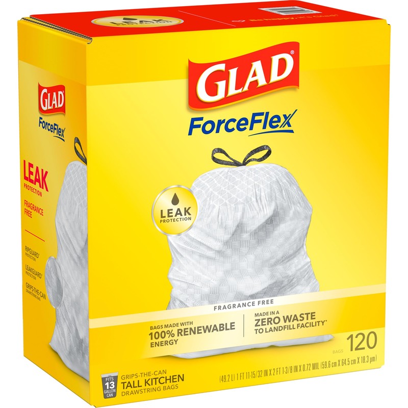 Glad 13 Gallon Tall Kitchen Drawstring Trash Bags, 120 Count