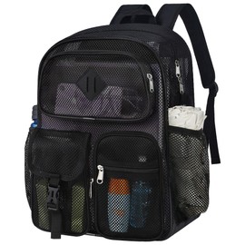 DST Gainbow Mesh Backpack Heavy Duty See Through Mesh Bookbag for Adults Boys Girls 28L Large Capacity for School Beach Outdoor Hiking with Padded Strap(Black)