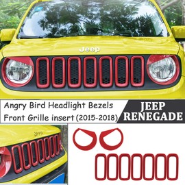 Yoursme Front Grille Inserts & Front Light Headlight Cover Angry Bird Style Bezels Trim Cover for Jeep Renegade 2015-2018 Clip in Version ABS Red