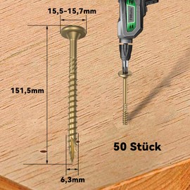 Dayalo Pack of 50 Wood Screws Torx 6.3 x 150 mm, Wood Screws Yellow, Flat Head Screws TX, Flat Head Screws Wood, Roof Construction Screws with Screwdriver Bit
