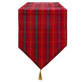 Celebright Christmas Tasselled Table Runner - 13 x 96 inches (33 x 244 cm) - Ideal Xmas Dinner Table Decorative Settings - Scottish Tartan - Red, Green & Metallic Gold
