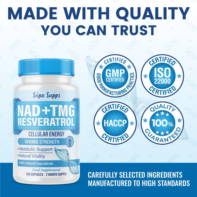 NAD+ TMG, Resveratrol -120 Capsules, 60 Day Supply, Cellular Energy