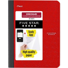 Five Star WIDE Ruled Composition Books + Study App, 80 Sheets, 9-3/4" x 7-1/2" (Red)