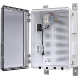 Outdoor Electrical Box with Thermostat and Fan, Ventilated Design, Cable Grommets, Indoor/Outdoor Use with Mounting Panel. (Clear Cover, 15.7"x11.8"x7.1")
