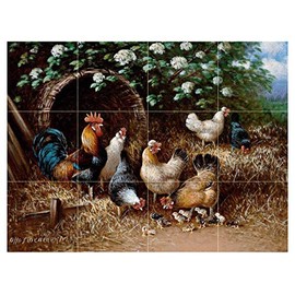 Chicken Family Under a Bush by Otto Scheuerer Tile Mural Kitchen Bathroom Wall Backsplash Behind Stove Range Sink Splashback 4x3 4.25" Ceramic, Glossy