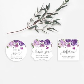 BlissfulMelodyDesign 12 Custom Purple Lavender Floral 2" Party Wedding Favor Tags, Thank you, Welcome, Love is Sweet Tags in Round, Square Flourish, Square Shapes