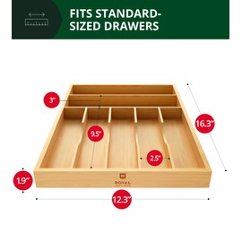 ROYAL CRAFT WOOD Luxury Bamboo Utensil Rack and Silverware Organizer, Kitchen Drawer Organizer - Utensil Holder and Cutlery Tray with Grooved Drawer Dividers for Flatware 7 Slot, Natural