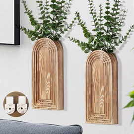 2 Pack Wooden Wall Vase Set, Wall Hanging Planters for Indoor Plants, Boho Modern Farmhouse for Hallway Living Room Entryway Bathroom Narrow Spaces, Brown Wood Material