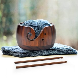 Wooden Yarn Bowl with Bamboo Crochet Hooks & Holes, Knitting Accessories DIY Hand Craft Yarn Storage Bowls for Yarn Balls & Skeins, Birthday Gifts for Mom & Knitting Lovers (Type C)